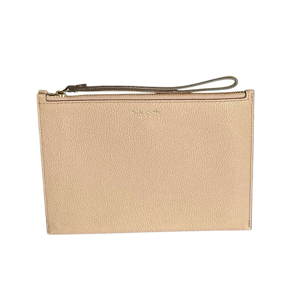 Kate Spade New York Wristlet Clutch Pink Beige Leather Zip Top Purse Bag